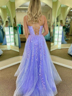 Vestidos de fiesta largos de corte A, encaje y tul, sin espalda, color morado. Vestidos de noche formales.