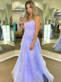 Vestidos de fiesta largos de corte A, encaje y tul, sin espalda, color morado. Vestidos de noche formales.