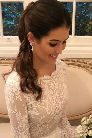 Vestido de novia largo de encaje corte A con mangas