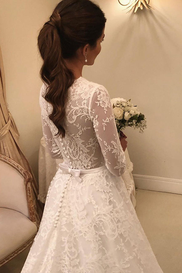 Vestido de novia largo de encaje corte A con mangas