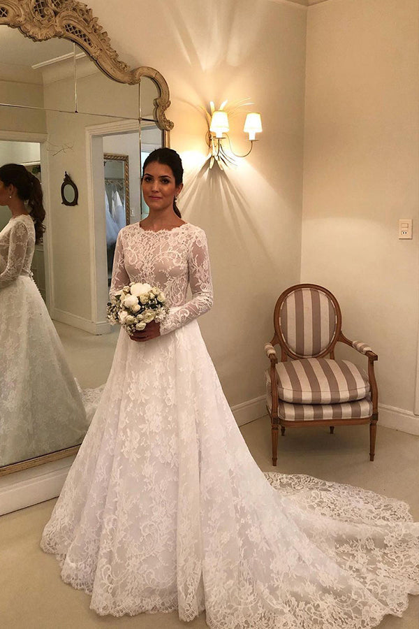 Vestido de novia largo de encaje corte A con mangas