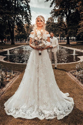 Vestido de novia largo de corte A con hombros descubiertos y estampado floral 3D con apliques de encaje