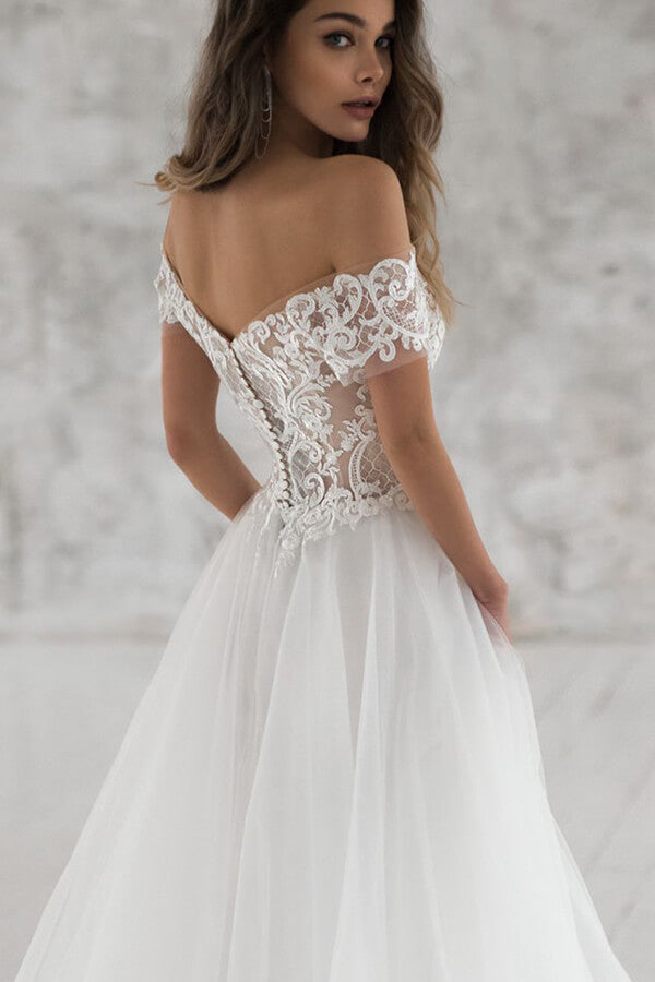 Robe de mariée longue en tulle à manches, épaules dénudées et appliques, coupe trapèze