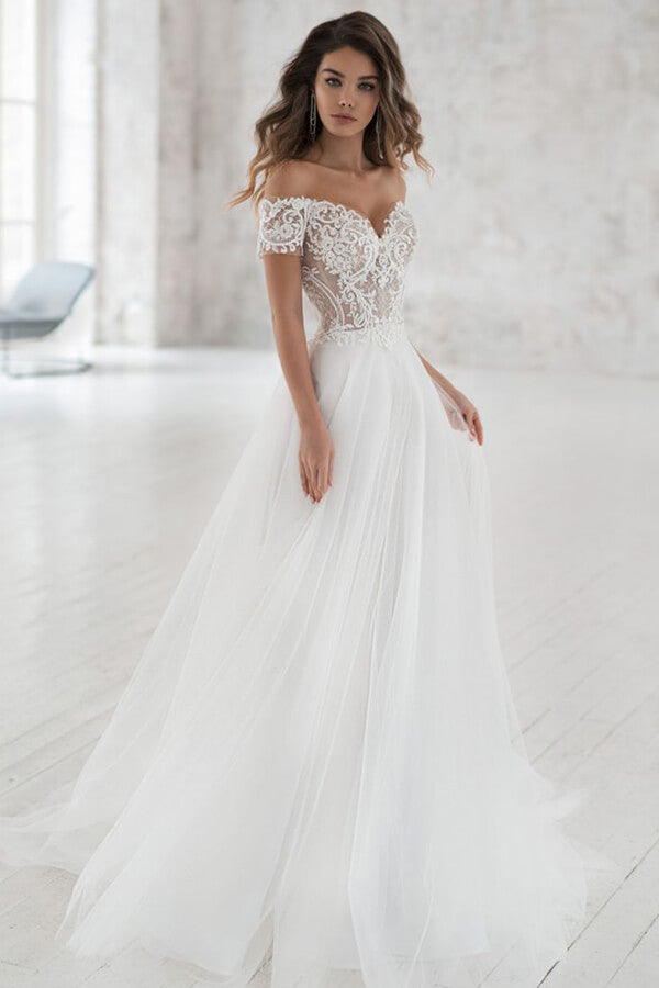 Robe de mariée longue en tulle à manches, épaules dénudées et appliques, coupe trapèze