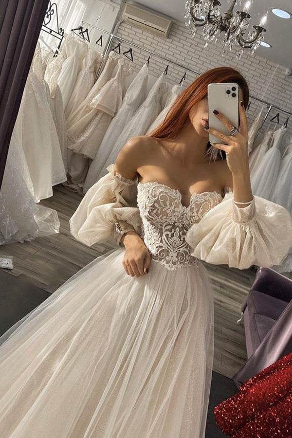 Vestido de novia largo de corte A, hombros descubiertos, apliques de tul y mangas con mangas