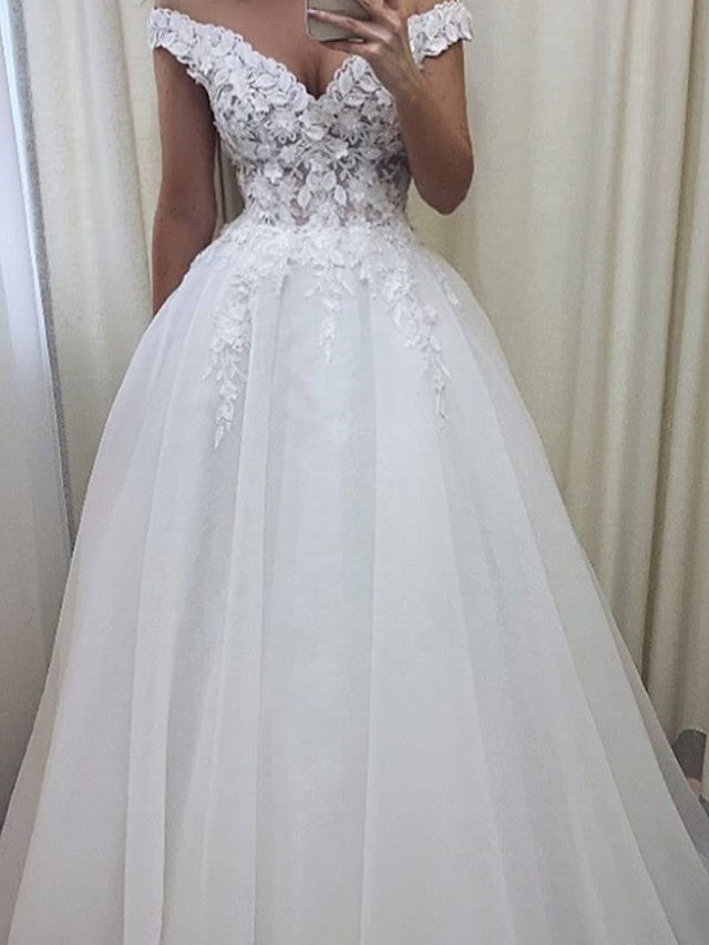 Vestidos de novia largos de corte A con hombros descubiertos, encaje y tul