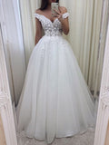 Vestidos de novia largos de corte A con hombros descubiertos, encaje y tul