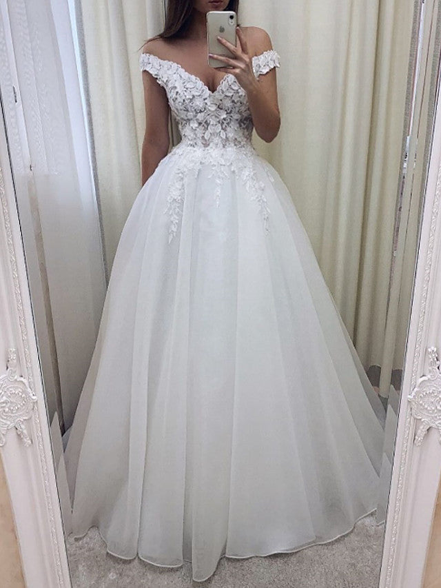 Vestidos de novia largos de corte A con hombros descubiertos, encaje y tul