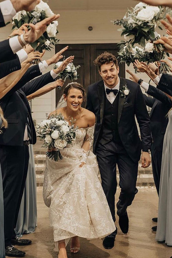 Long A-line Off The Shoulder Lace Wedding Dress With Sleeves