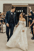 Long A-line Off The Shoulder Lace Wedding Dress With Sleeves