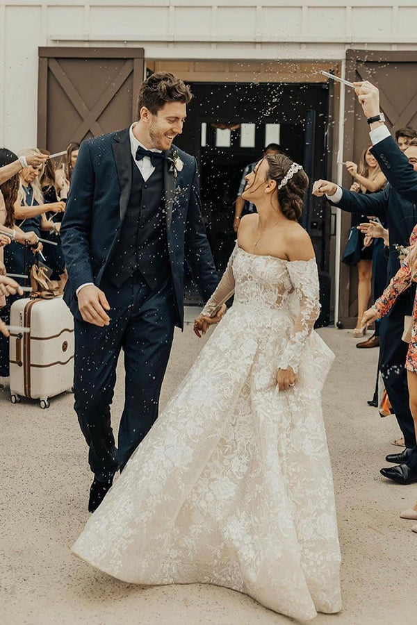 Long A-line Off The Shoulder Lace Wedding Dress With Sleeves