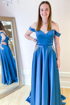 Robe de bal longue trapèze à épaules dénudées avec poches et ornements en cristal