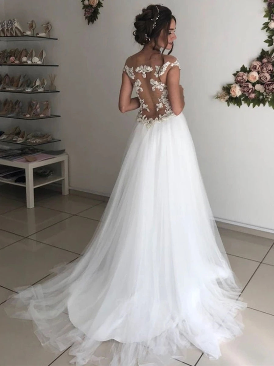 Robes de mariée longues en tulle et dentelle, épaules dénudées et col rond, coupe trapèze