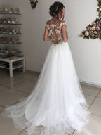 Robes de mariée longues en tulle et dentelle, épaules dénudées et col rond, coupe trapèze