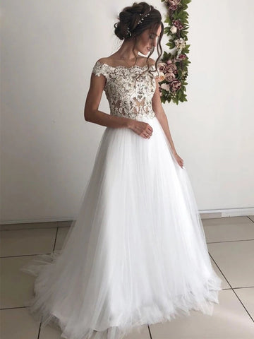 Vestidos de novia largos de corte A, escote redondo, tul y encaje, con hombros descubiertos