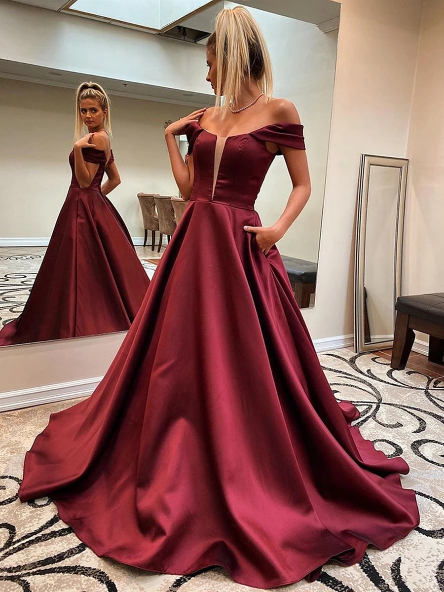 Robe de bal longue trapèze en satin à épaules dénudées et poches