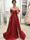 Robe de bal longue trapèze en satin, épaules dénudées, fente sur le devant et poches