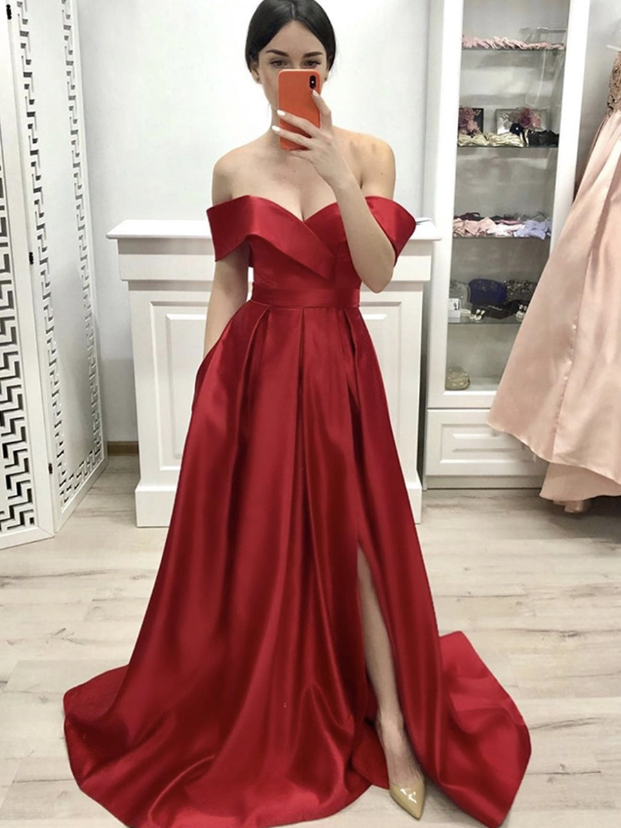 Robe de bal longue trapèze en satin, épaules dénudées, fente sur le devant et poches