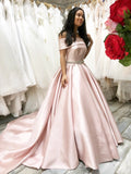 Robes de bal de fin d'année longues en satin, coupe trapèze, épaules dénudées, style A