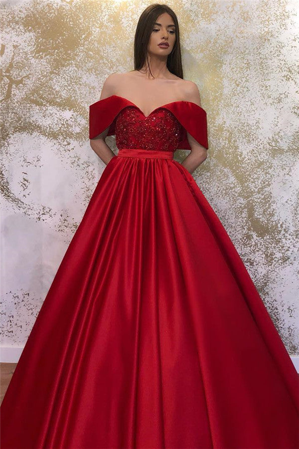 Robes de bal longues en satin à épaules dénudées et décolleté cœur, coupe trapèze