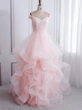 Robes de bal de fin d'année longues en tulle vaporeux, épaules dénudées et coupe trapèze