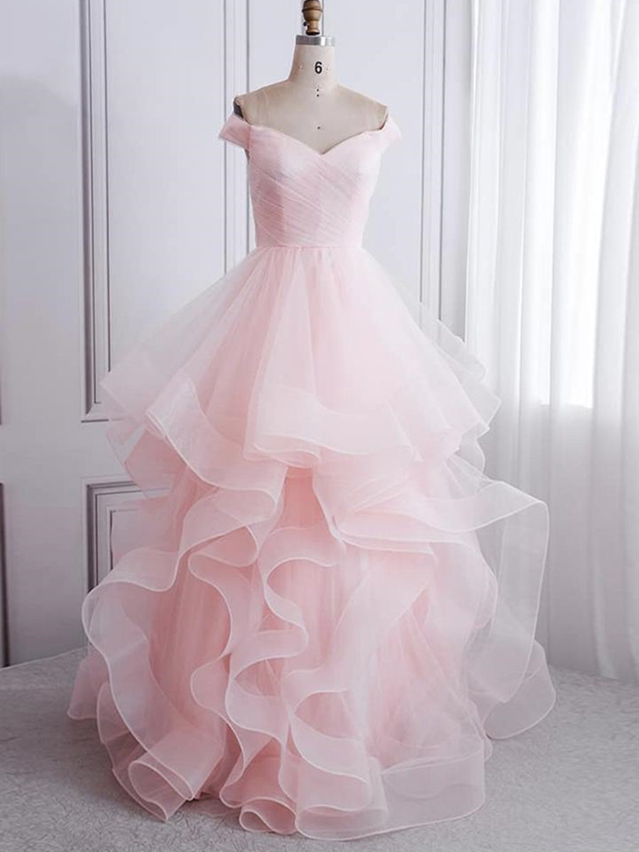 Robes de bal de fin d'année longues en tulle vaporeux, épaules dénudées et coupe trapèze