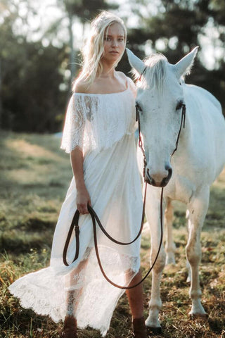 Vestido de novia largo de corte A con hombros descubiertos, de tul y encaje