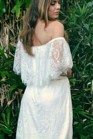 Vestido de novia largo de corte A con hombros descubiertos, de tul y encaje