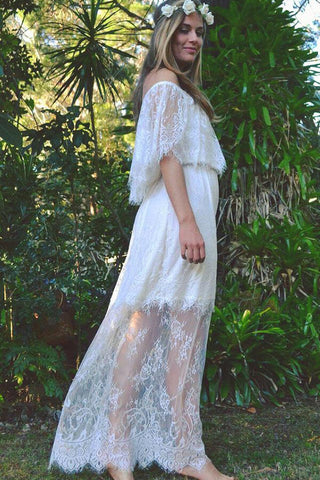 Vestido de novia largo de corte A con hombros descubiertos, de tul y encaje