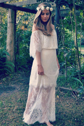 Vestido de novia largo de corte A con hombros descubiertos, de tul y encaje