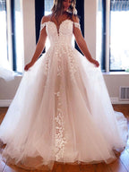 Long A-line off the Shoulder Tulle Prom Dress White Lace Formal Evening Gowns