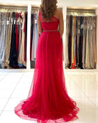 Robe de bal longue trapèze asymétrique en tulle avec fente sur le devant et traîne amovible