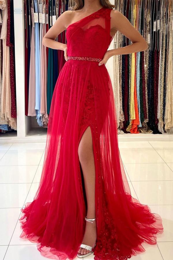 Robe de bal longue trapèze asymétrique en tulle avec fente sur le devant et traîne amovible
