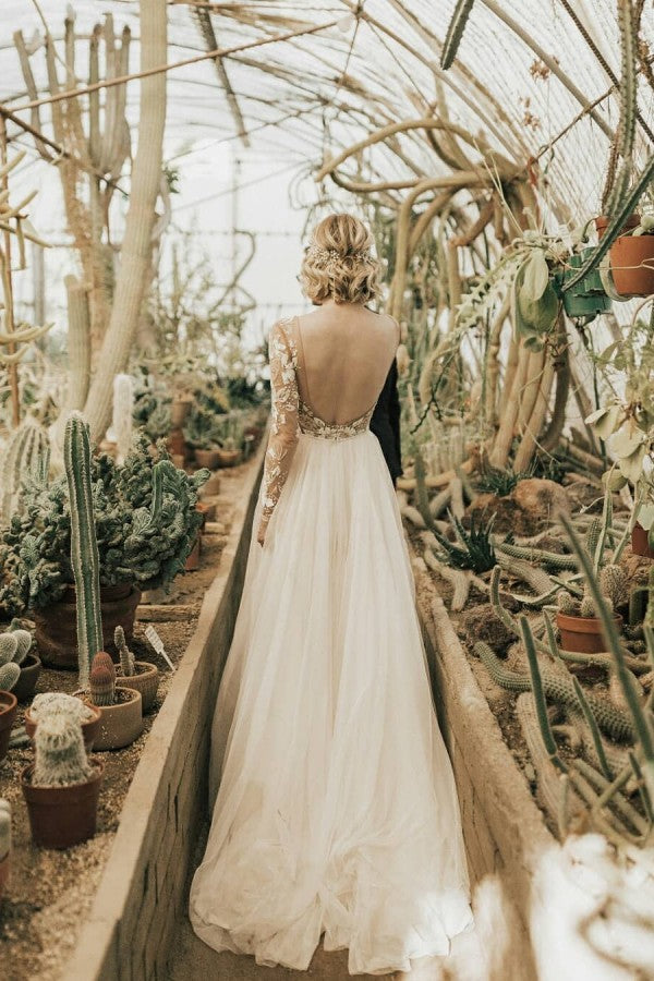 Long A-Line Open Back Chiffon Appliques Lace Wedding Dress with Sleeves