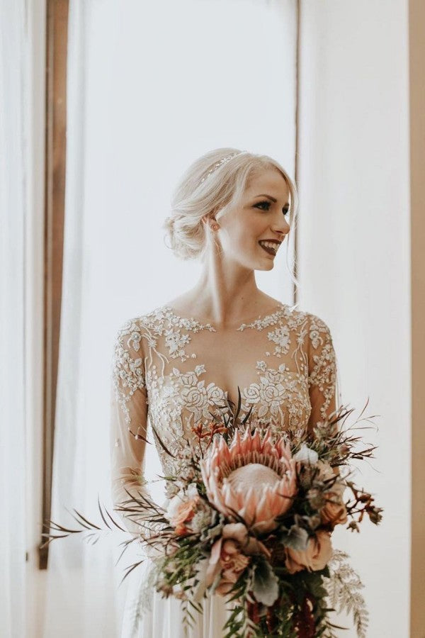 Long A-Line Open Back Chiffon Appliques Lace Wedding Dress with Sleeves