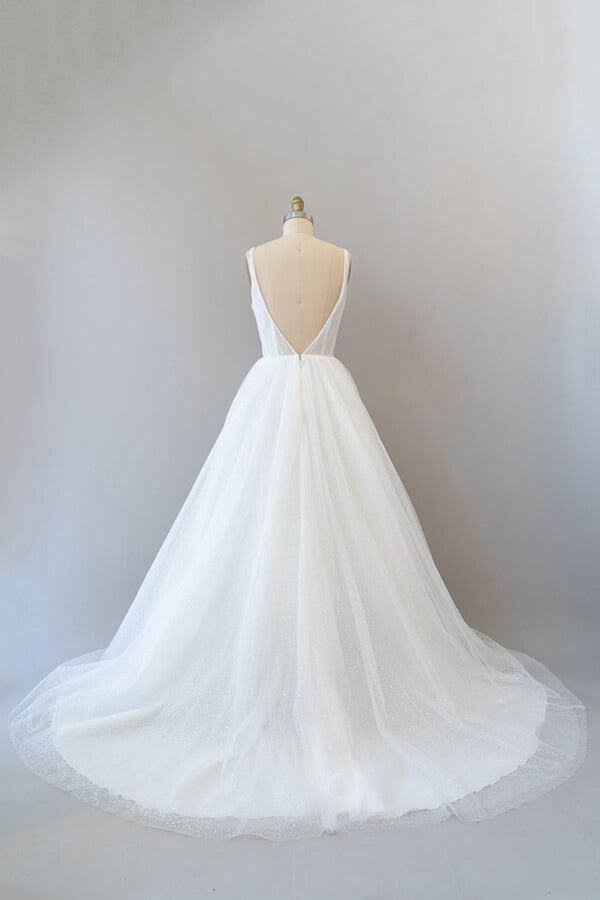 Robe de mariée longue trapèze dos nu en tulle et sequins, ornée d'un dos nu et d'une coupe trapèze