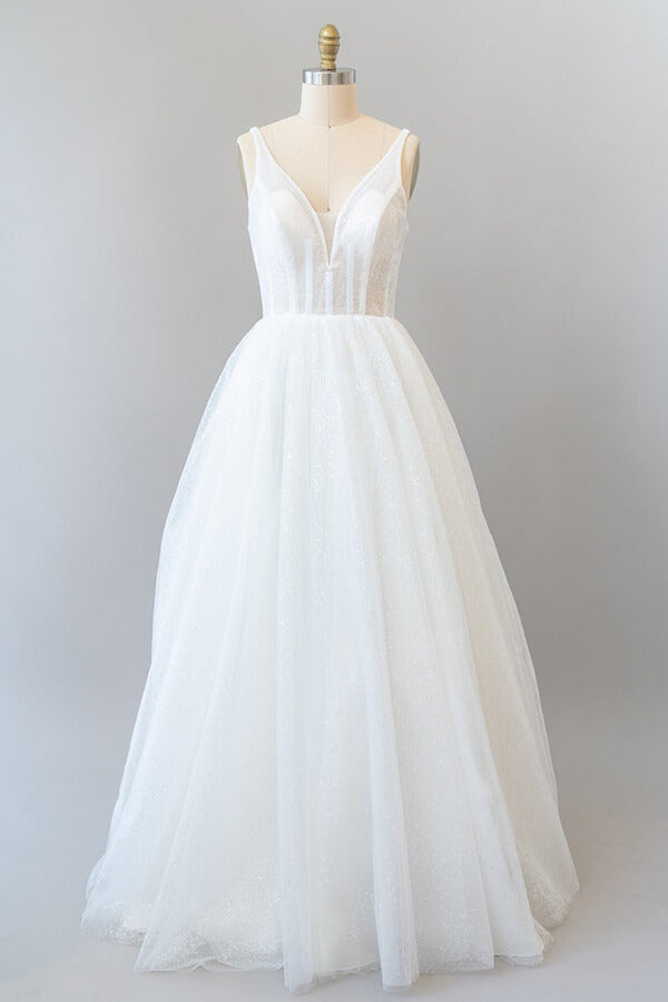 Robe de mariée longue trapèze dos nu en tulle et sequins, ornée d'un dos nu et d'une coupe trapèze