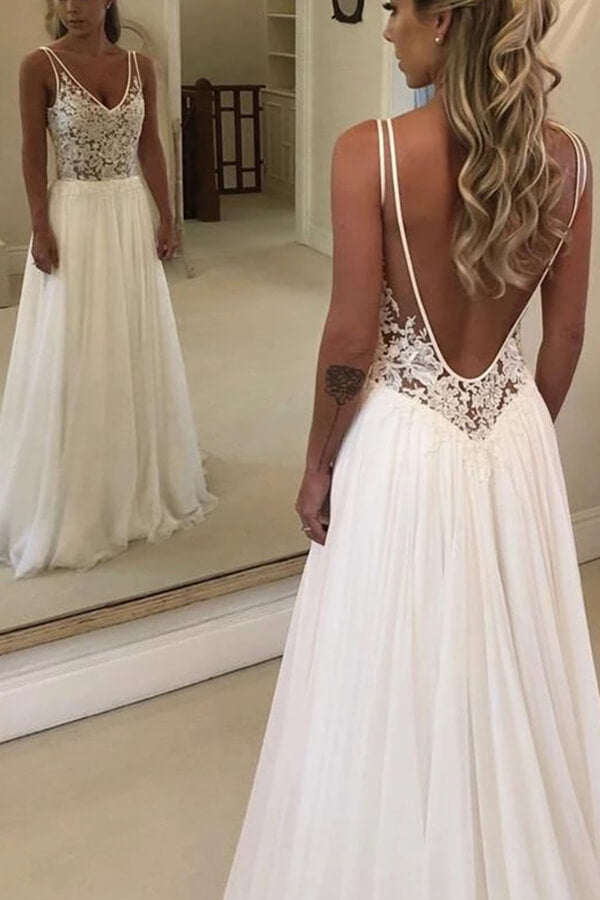 Robe de mariée longue trapèze en mousseline de soie et dentelle, dos nu et décolleté en V