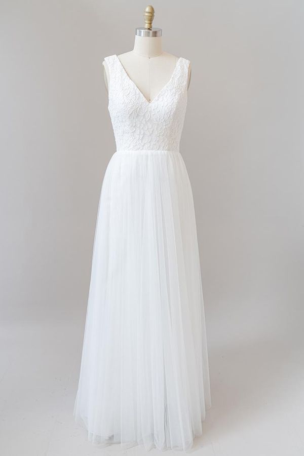 Vestido de novia largo de corte A, espalda descubierta, escote en V, encaje y tul