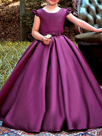 Robes de demoiselle d'honneur longues en satin à manches courtes et col rond, coupe trapèze, style A-line, pour concours de beauté