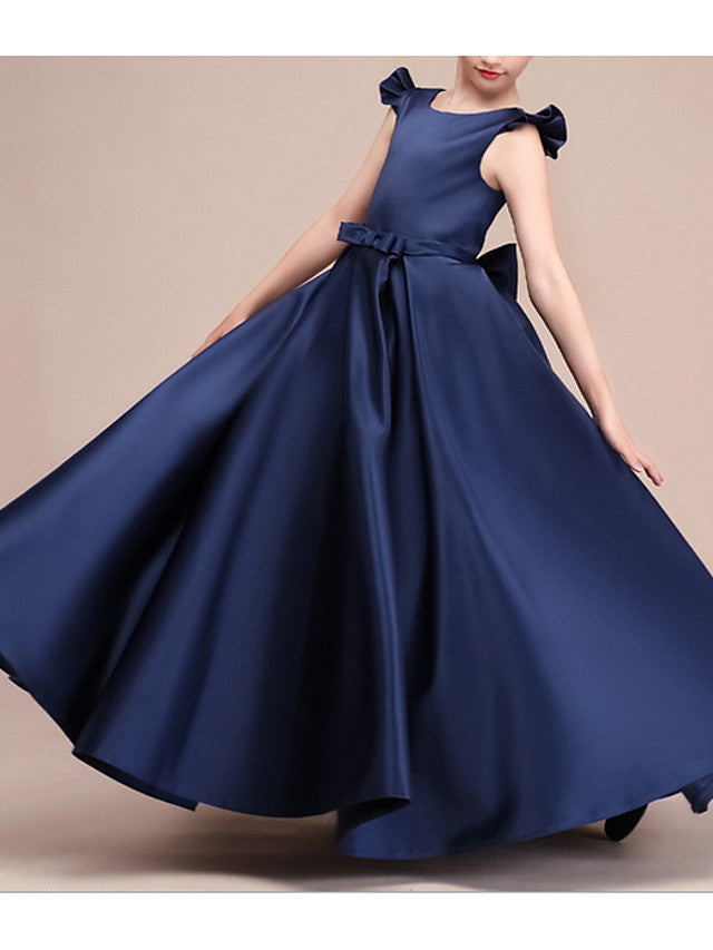 Vestidos largos de satén de corte A, manga corta y cuello joya para niña de las flores (estilo concurso).
