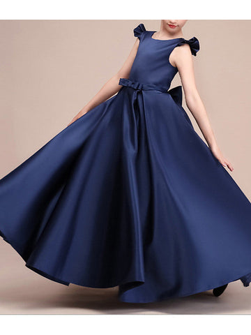 Long A-Line Satin Cap Sleeve Jewel Neck Pageant Flower Girl Dresses