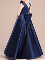 Robes de demoiselle d'honneur longues en satin à manches courtes et col rond, coupe trapèze, style A-line, pour concours de beauté