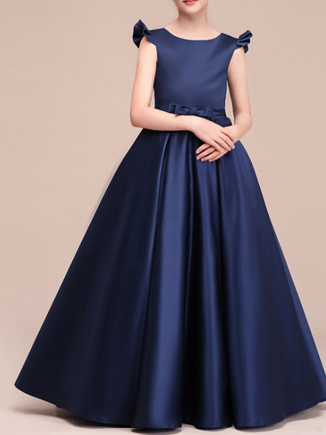 Vestidos largos de satén de corte A, manga corta y cuello joya para niña de las flores (estilo concurso).