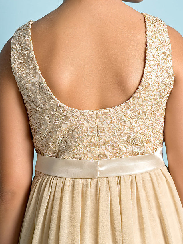 Robe de demoiselle d'honneur longue trapèze à col rond en mousseline et dentelle, robe de demoiselle d'honneur junior