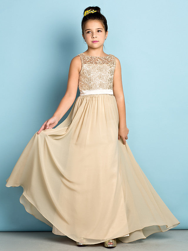 Vestido largo de niña de las flores de corte A con escote redondo y encaje, de gasa, ideal para damas de honor junior.