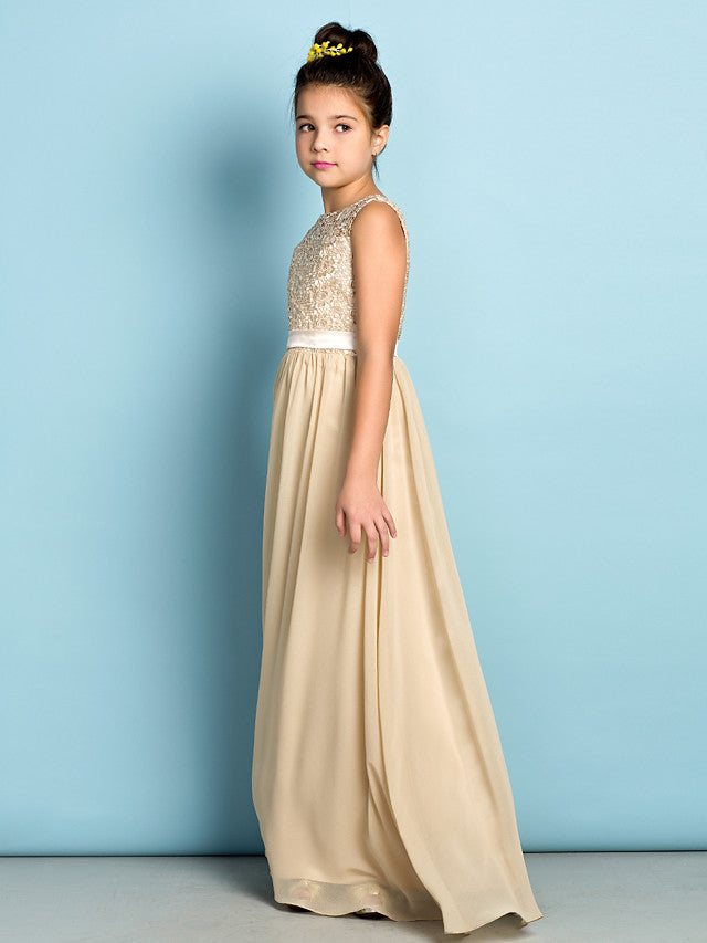 Vestido largo de niña de las flores de corte A con escote redondo y encaje, de gasa, ideal para damas de honor junior.