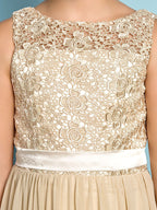 Robe de demoiselle d'honneur longue trapèze à col rond en mousseline et dentelle, robe de demoiselle d'honneur junior