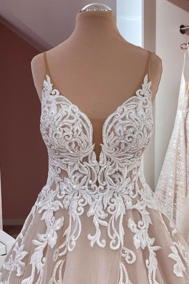 Vestido de novia largo de corte A, tul con lentejuelas, tirantes finos y apliques de encaje