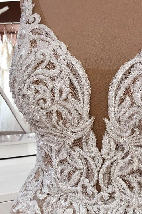 Vestido de novia largo de corte A, tul con lentejuelas, tirantes finos y apliques de encaje